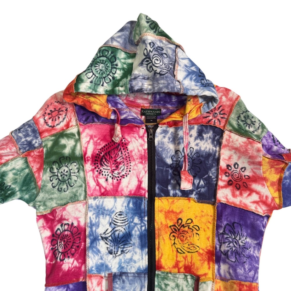 Kathmandu Imports Hoodie Patchwork Tie Dye Woodblock Print Multicolor M Boho - Picture 5 of 11